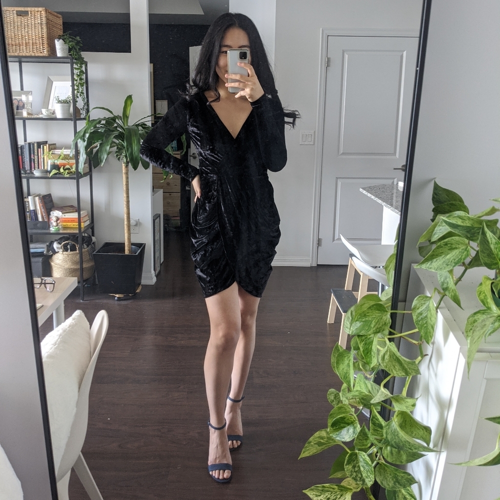 Black Velvet Long Sleeve Drape Dress | Size S